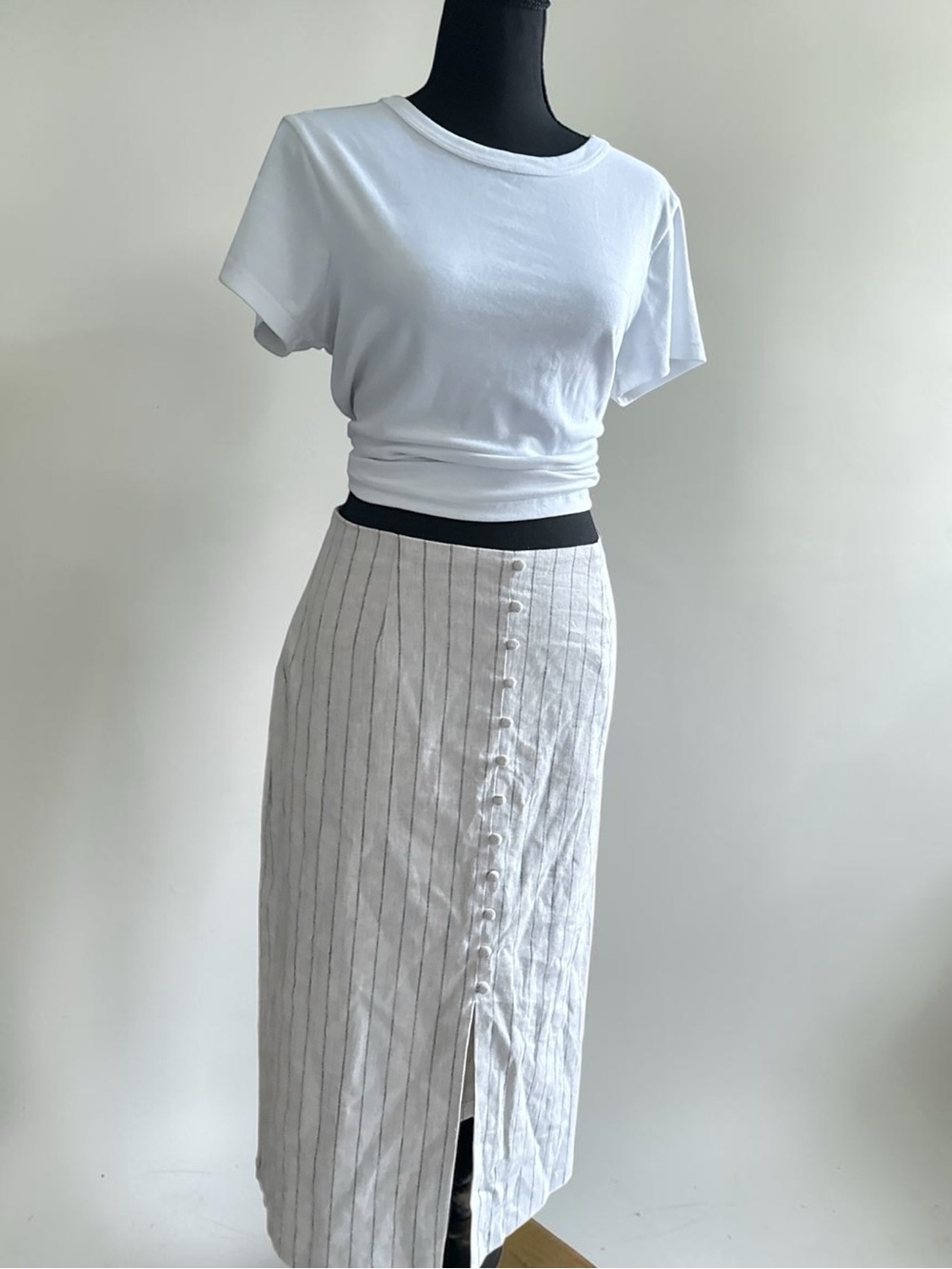 Banana Republic Cream Pinstripe Button-Front Midi Skirt - Picture 5 of 12